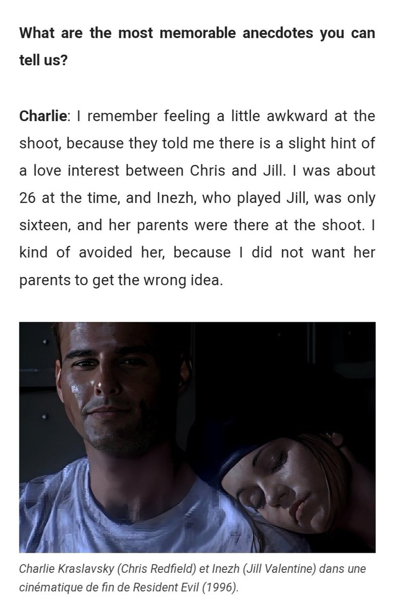 piltybhz's tweet photo. The actor who played Chris in the 1996 Resident Evil live-action cutscenes confirmed in a 2023 interview that Capcom wanted a romance between Chris and Jill. Valenfield has always been real https://t.co/fRTF0SjAXM