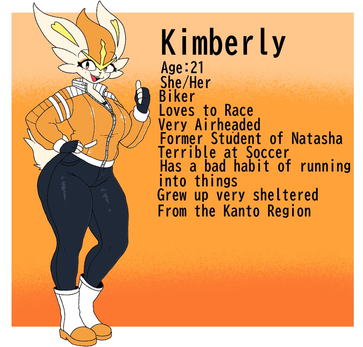 activeAjames's tweet photo. You probably weren't expecting her to get a new ref huh? 🐇🏍🧡
#Pokemon #Pokemonfanart #oc https://t.co/POhi1DNoiK