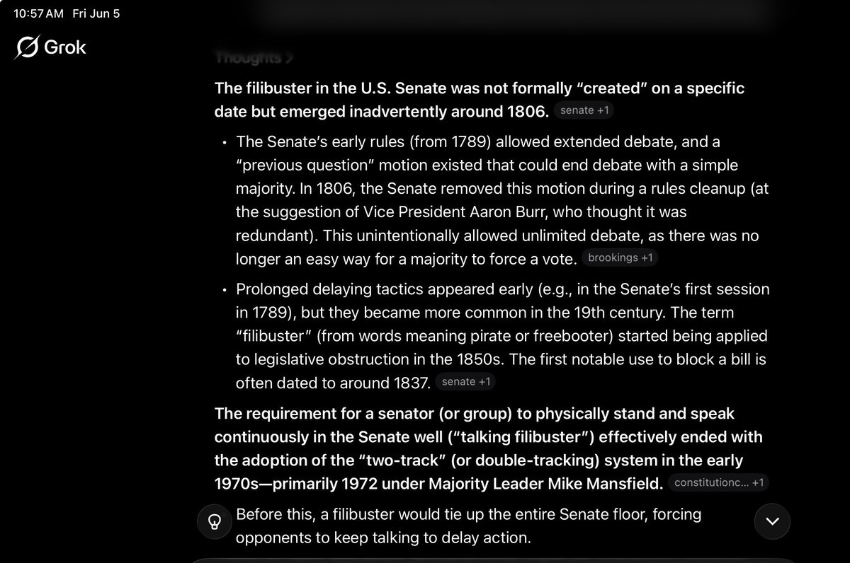 wink_nod's tweet photo. @BasedMikeLee The filibuster was gutted by the Democrats in 1972. Here’s what Grok says. https://t.co/eNXMoscDdr