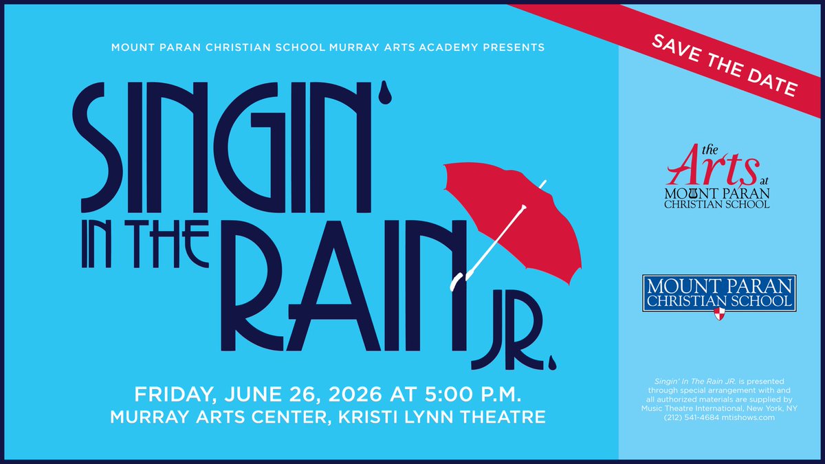 mtparanschool's tweet photo. Tickets now on sale for “Singin’ in the Rain, JR!” The production takes the stage next Friday, June 26, at 5:00 p.m. in the Kristi Lynn Theatre, presented by the Murray Arts Academy featuring talented performers from rising grades 5 through 12. Featuring beloved songs like “Good Mornin’,” “Make ’Em Laugh,” and the iconic “Singin’ in the Rain,” this upbeat show showcases our talented student cast and is perfect for audiences of all ages.

Get your tickets now: https://t.co/m3xf2NrdLp