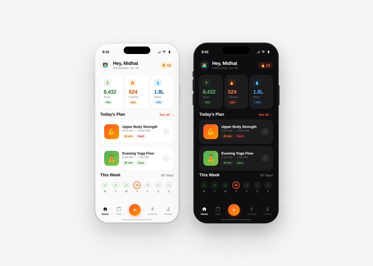 midhat_81's tweet photo. “Pulse” fitness app  modern fitness dashboard focused on clean UI/UX, structured layout, and smooth dark/light mode experience.
#UIDesign #UXDesign #UI #UX #MobileUI #AppDesign #ProductDesign #DesignInspiration  #InterfaceDesign #SaaSDesign #VisualDesign  #Figma #DesignCommunity https://t.co/P9HRlEiCG9