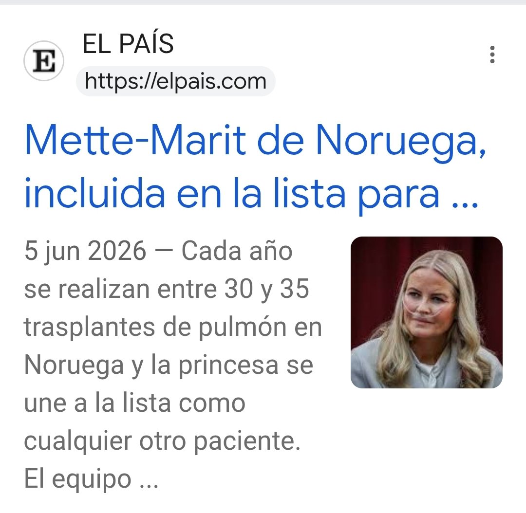 ElsadelCastill3's tweet photo. ¿Pulmón a la carta para la realeza?

¡Qué bien funcionan las listas de espera para el trasplante de órganos en Noruega! 

Mette-Marit se somete en una lista de espera para trasplantes de pulmón el día 5 de junio, dice que como cualquier ciudadano, y hoy, 17 de junio, ya está operada. 

A un ritmo de 25-30 trasplantes a año, no me salen las cuentas.