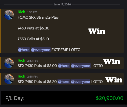 RichHamiltonJr's tweet photo. Finished the day with 3 Wins:

FOMC - $SPX - 7460 Puts at $6.30 went to $35 - Win 400%+
                $SPX - 7550 Calls at $5.10 went to $8.50

$SPX - 7430 Puts at $8.00 went to $10.50 - Win

$SPX - 7450 Puts at $6.20 went to $10.60 - Win

Great day. No one does FOMC better than us. Stop losing and join us. $SPY