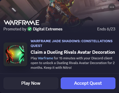 PlayWarframe's tweet photo. The choice is yours, Tenno. Jade Shadows: Constellations is available now and a new Discord Quest awaits. 

Play #Warframe for 15 minutes with our new Discord Quest accepted to earn the Dueling Rivals Avatar Decoration! https://t.co/Txhw7FowmH https://t.co/5SSaEvscmr