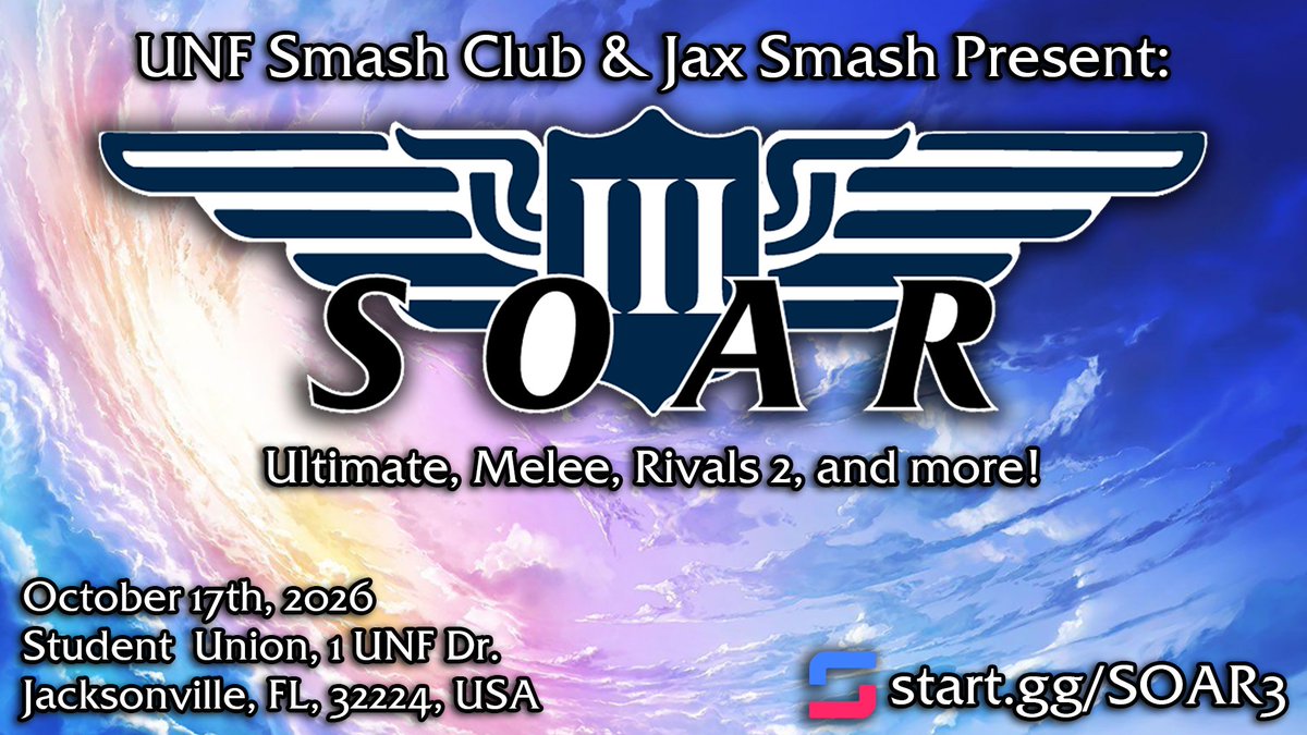 FloridaSmashHub's tweet photo. Come and SOAR with us at UNF this fall!
Jacksonville's premier regional event is back for it's 3rd installment on October 17th.

We heard your feedback from last year and have upgraded to the Senator Joe Calucci Ballrooms!

We got Ult, Melee, Rivals 2, and more!

Sign up below! https://t.co/i05vmXRldD