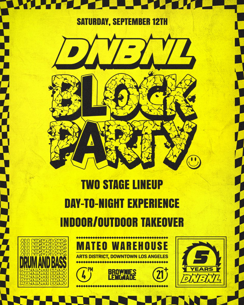 TeamBandL's tweet photo. Announcing DNBNL BLOCK PARTY LA

September 12 in DTLA

2 stage, day to night rave. Celebrating 5 yrs of DNBNL with a world class lineup. Indoor/outdoor with food, drinks, vendors, activations &amp; new merch.

Presale: 6/22 at 9am PST
On sale: 6/23 at 9am PST
Sign up in bio https://t.co/brvOZwSqG8