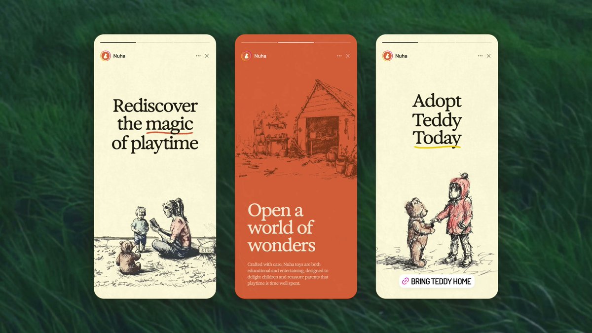 JasonMarder's tweet photo. Robot teddy bears that make playtime more magical.

A brand that evokes nostalgia, wonder, soul, and sagacity. One that speaks to modern parents and discerning adults who believe technology can still kindle curiosity and create connection.

For the creative direction, I experimented extensively with Midjourney to achieve a unique illustration style. It needed to be playful, nostalgic, warm...and a bit luxurious. Like a sketchbook you might find on a charming little bistro table in a French coastal town.

After establishing a consistent style and characters, I added hand-drawn details with a stylus to capture that magical moment when a coloring book starts coming to life.

This versatile artwork brings warmth to everything from the website, to investor materials, to packaging, books, and much more.

For @nuha_inc