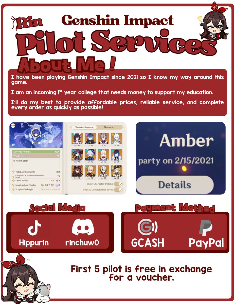 erinxpp's tweet photo. PILOTING SERVICE!
I am planning to provide pilot service but I will take commissions for free in exchange for a voucher!

I'm currently taking free commissions, you may dm me in tiktok or discord!

these 5 slots gets 10 pulls service too!

#pilotingservice
#genshinimpact https://t.co/BHeF3wQZ5g