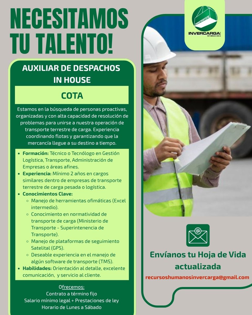 TyQStrategies's tweet photo. 🟢⚪🟢 #OfertaLaboral #OfertaEmpleo AUXILIAR DE DESPACHOS IN HOUSE - COTA 🟢⚪🟢 Enviar Hoja de Vida actualizada al correo recursoshumanosinvercarga@gmail.com 💰💰💰 https://t.co/hR26iz8xKn