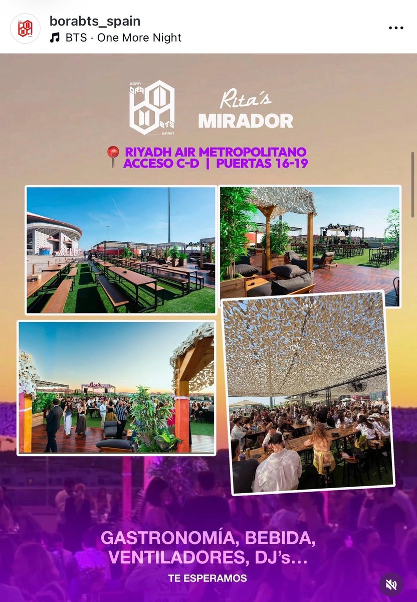 triptyciph's tweet photo. Spanish fanbase @borabts_spain announces a reserved spot on 26 & 27 June next to metropolitan stadium during BTS concerts in Madrid for ARMY!! 😭😭

The place has food, drinks, ventilation and is a nice spot to take some pics with everyone and exchange freebies!

* food and drinks inside are not free
📌 Is FREE to enter, you just need to save your spot 🔗 https://t.co/6EH0cWcypz

⏰ FROM 16:00h to 00:30h❗️
📍RIYADH AIR METROPOLITANO, C-D ACCESS, 16-19 DOORS