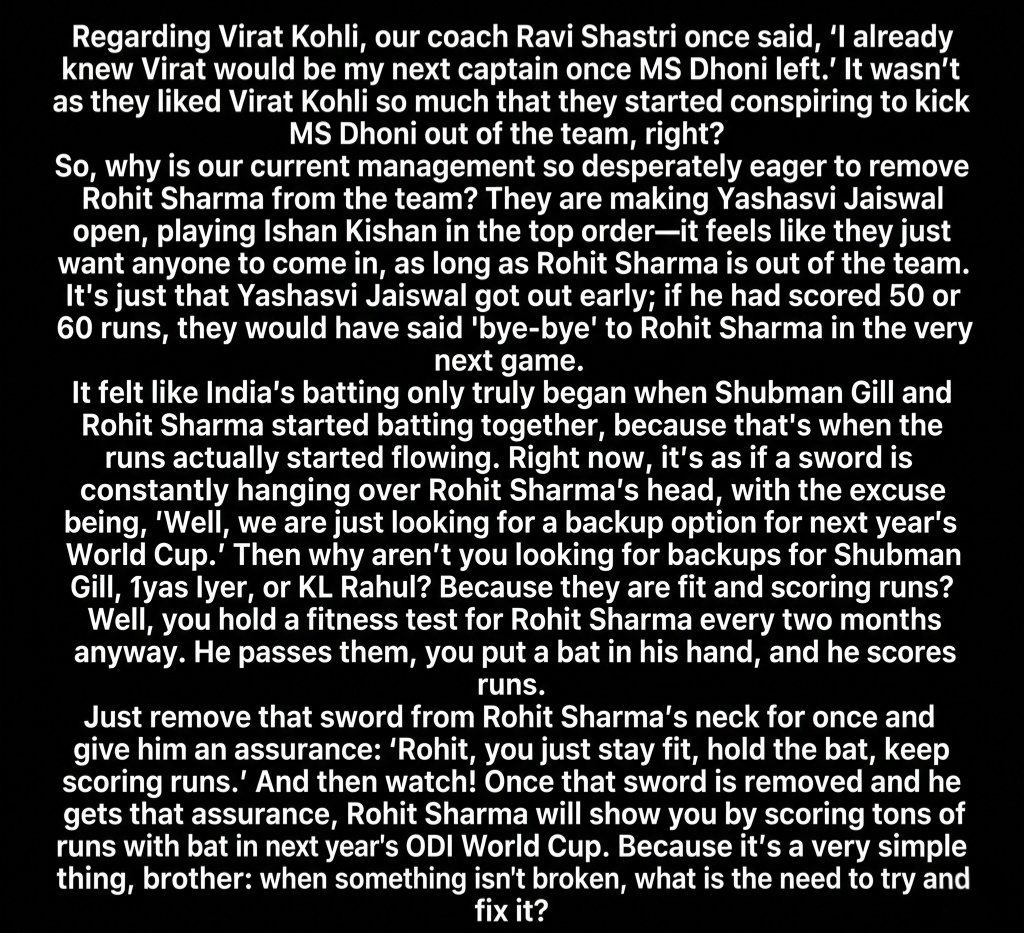 https_firoj's tweet photo. Unpopular opinion or absolute facts? 🚨
​The constant pressure and "backup hunting" around Rohit Sharma needs to stop. If he passes the fitness tests and scores the runs, let the man play without a sword over his neck!​#RohitSharma #Hitman #IndianCricket  #WorldCup2027 #INDvAFG https://t.co/JthRWoWTfs