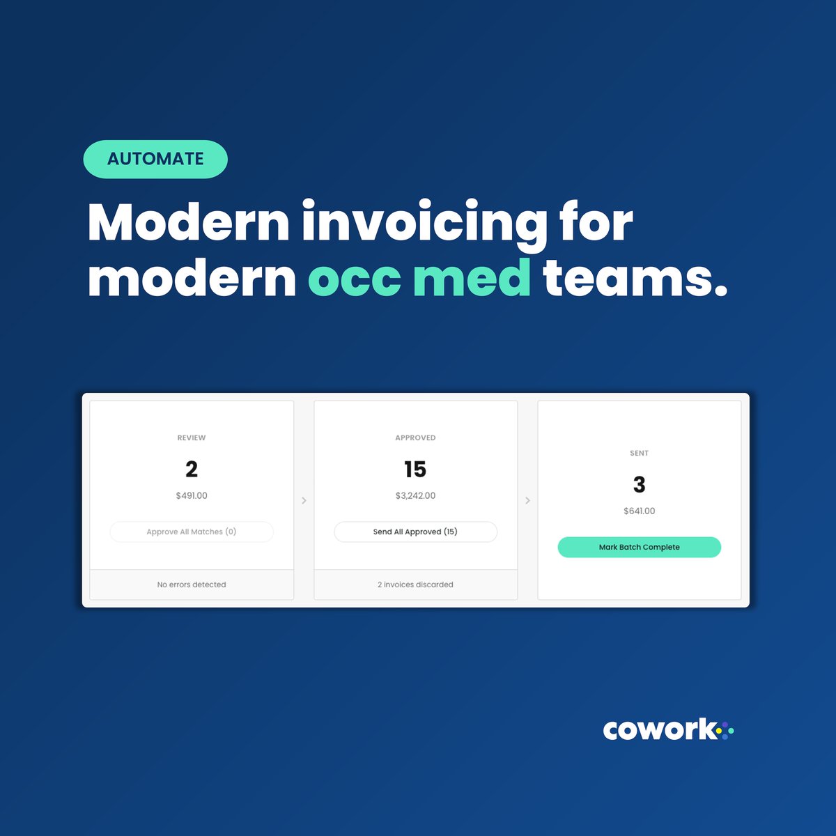 CoworkHealth's tweet photo. Cowork helps occ med teams streamline the entire invoicing process, from review to delivery to payment.

✅ Easier invoice workflows
✅ Fewer manual steps
✅ Better employer communication
✅ Faster online payment

Spend less time managing invoices with Cowork. https://t.co/fKtXZKw0WK