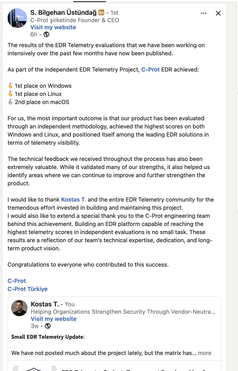 Kostastsale's tweet photo. I really like seeing posts like this. It’s great to see this kind of recognition from CEOs towards their teams.

Good results don’t just happen on their own and definitely don’t come from marketing. They come from engineers fixing gaps, product teams prioritizing the right things, field teams bringing real feedback, and customers pushing for better visibility.

When that work shows up in the results, it deserves to be highlighted, and we are happy to do do that.

The EDR Telemetry Project is not here to point out what is bad and bash vendors. We highlight the good, too. The difference is that we do it independently, with an open methodology, and with information that is actually useful to the people using these products.

Not just C-suite reports, magic quadrants, or high-level summaries that do not help much when you are trying to investigate an incident or hunt through the logs. This is the kind of evaluation Gartner will never come remotely close to doing.

We offer open results, open methodology, and practical value for practitioners.

Hard work pays off, and we’re glad to see teams getting the recognition they deserve 💙