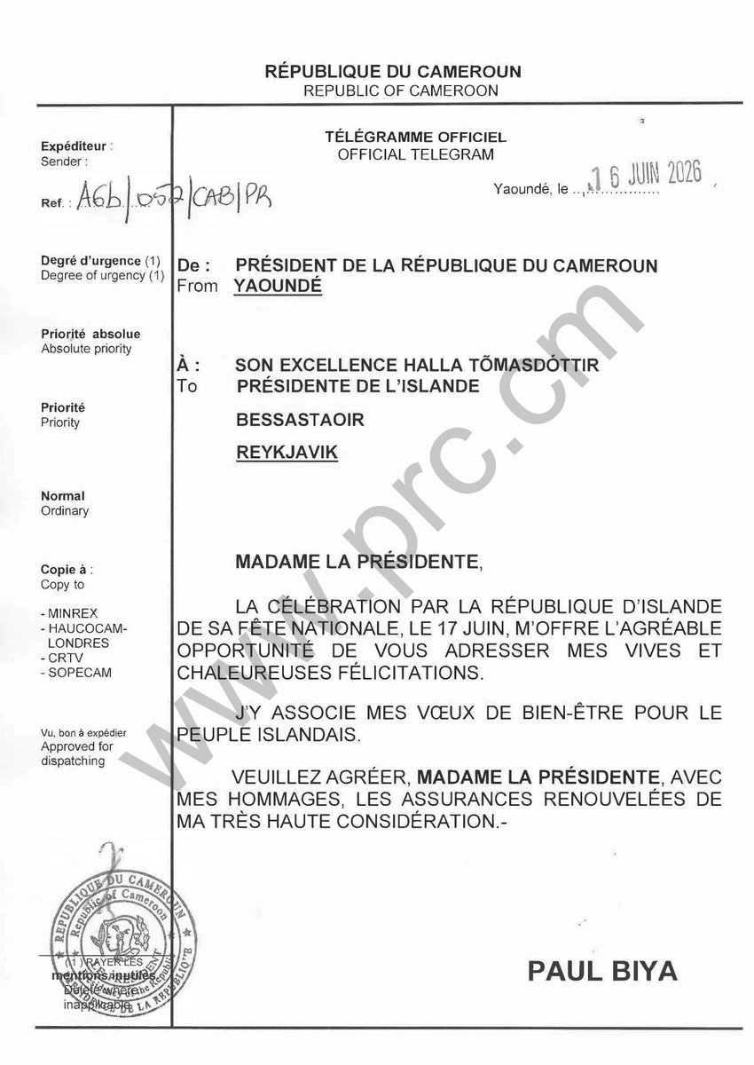 CabinetCivilPRC's tweet photo. 🇨🇲🇮🇸
Message de félicitations du Président Paul Biya à Son Excellence Halla Tômasdôttir, à l’occasion de la célébration de la fête nationale de la République d'Islande, le 17 juin 2026.

#PaulBiya
#Cameroun https://t.co/6t16uTXbWc