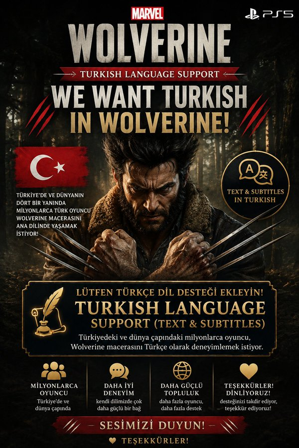 SFCankal's tweet photo. @insomniacgames @MarvelGames  @insomniacgames
We Want Turkish Language Localization Support Add Please Wolverine. 🇹🇷 <3
We Like Marvel Spiderman Game Series. 🇹🇷 <3 https://t.co/MtrP5Y4CJA