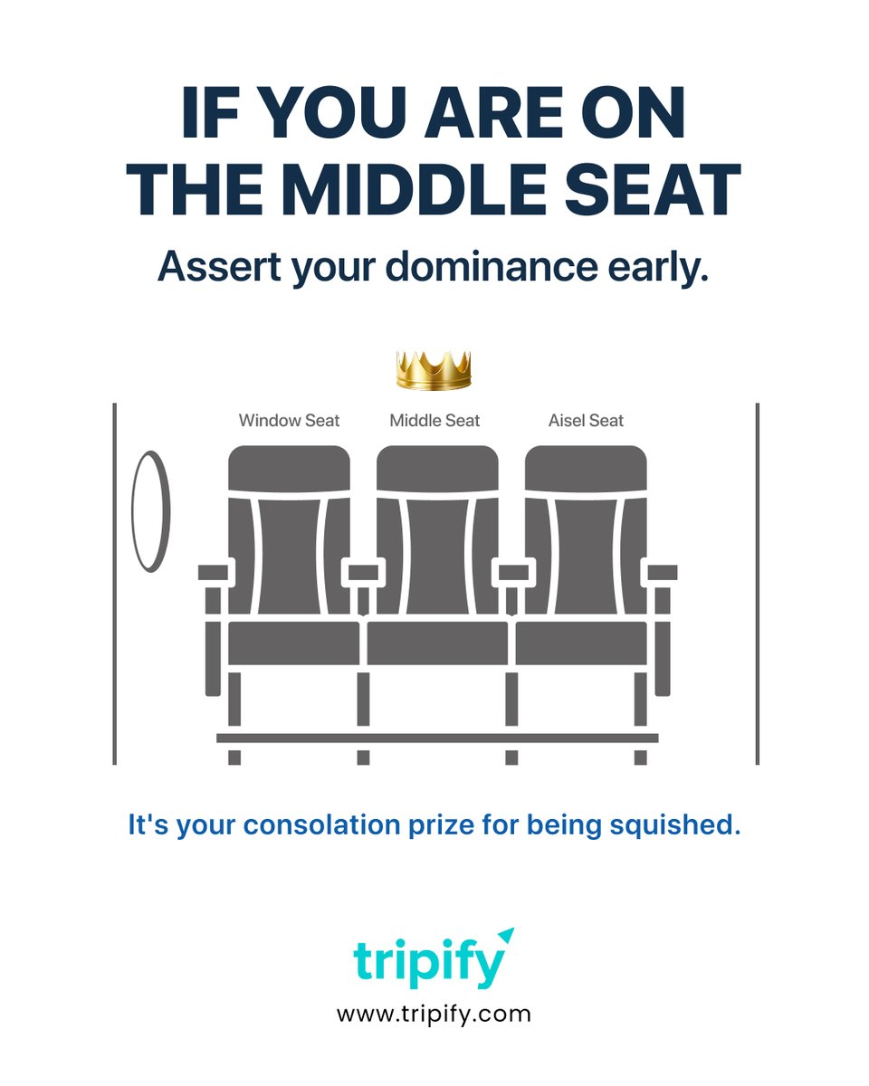 TripifyIndia's tweet photo. Middle seat? Congratulations, you've earned both armrests. 😌💺 #Tripify #TravelHacks #FlightTips #AirTravel #chiangmai #TravelSmart https://t.co/9x2xvGruYO
