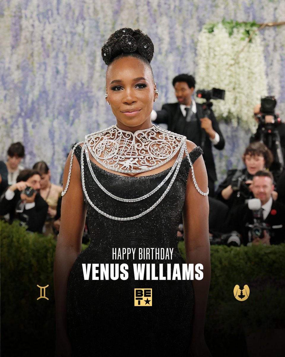BET's tweet photo. Happy Birthday Venus Williams! 7 Grand Slam titles, equal pay pioneer, fashion designer, business mogul, AND returning to Wimbledon at 45. Some people just don't have an off switch. 👑 https://t.co/Caf11COqpN