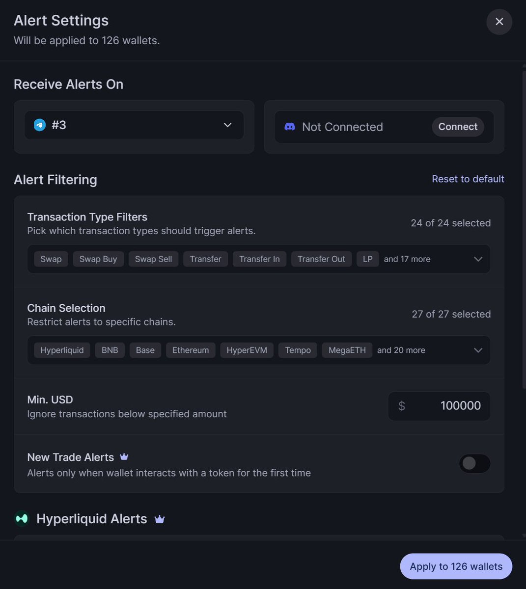 SigmaSquared_'s tweet photo. Cielo Finance is hands down the best Hyperliquid tracker that you can connect to telegram, they have very sophisticated alert settings that cuts down the spam https://t.co/DRwYHZNPlc