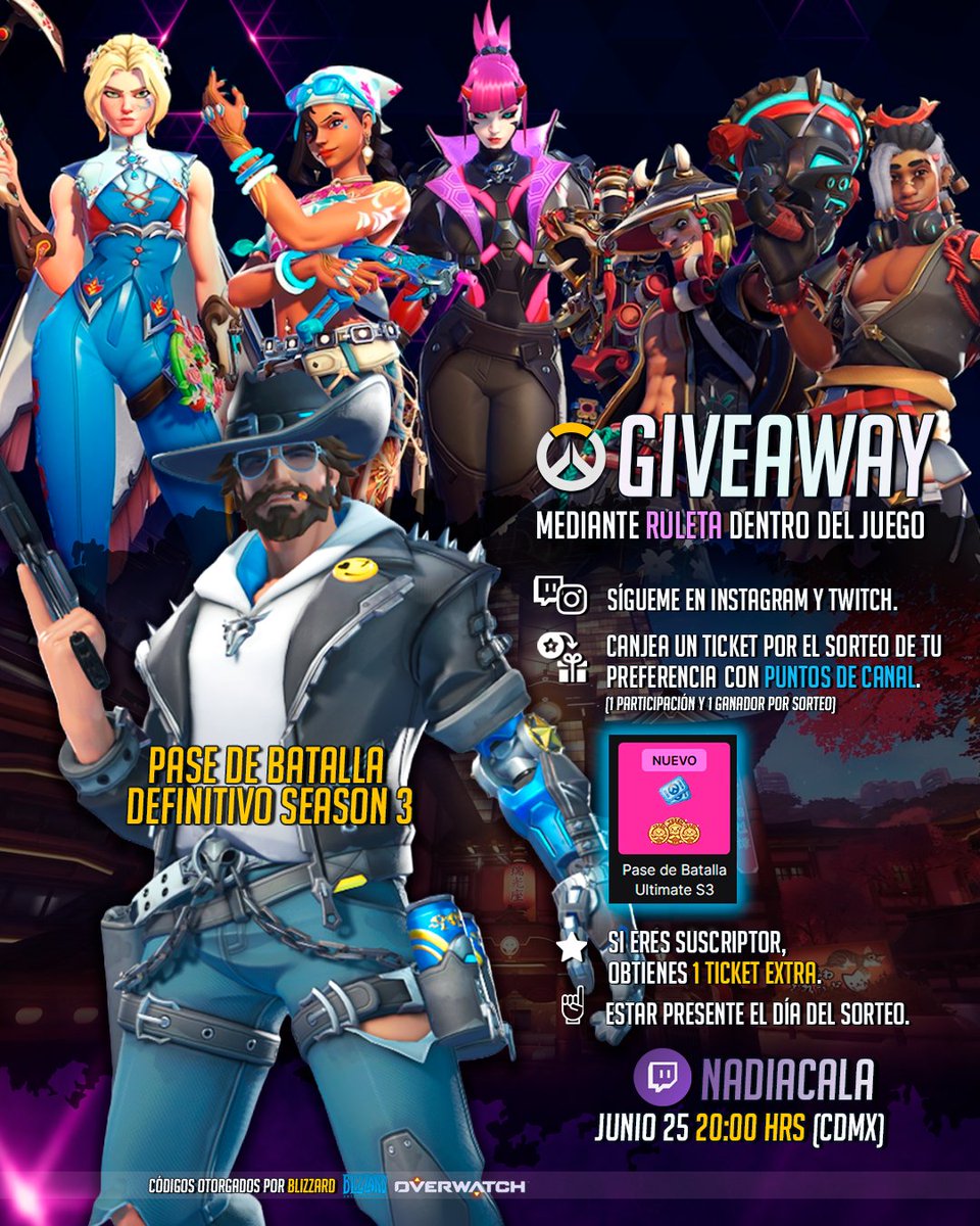 NadiaCala's tweet photo. 🎯 Sorteo Pase de Batalla Definitivo 2026 Temporada 3.
🎲 Giveaway mediante ruleta dentro del juego.
🔫 Códigos otorgados por @Blizzard_Ent y @OverwatchLATAM  

#overwatchtemporada3 #overwatchlatam https://t.co/v5nrSgcLez