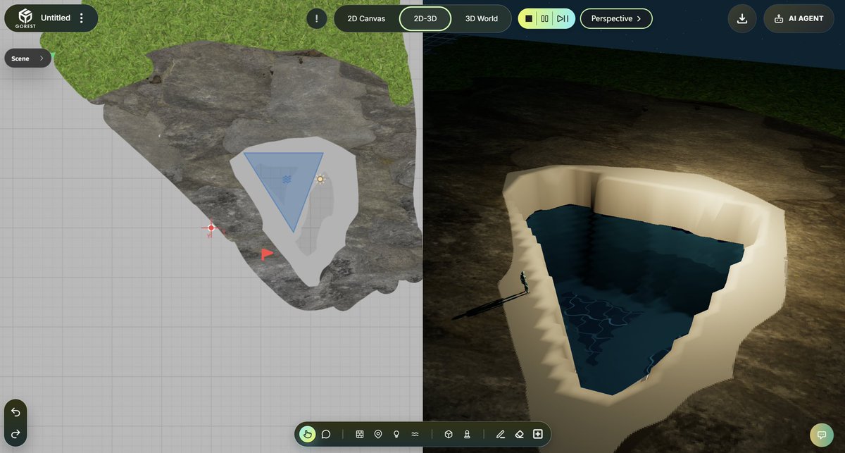 Gorest_AI's tweet photo. We’ve kept adding more features to make 3D creation as intuitive and accessible as possible. Things like lighting, materials, water, and other rendering effects can now be easily sketched out in your draft and generated in real time. https://t.co/7kG15hoxuu