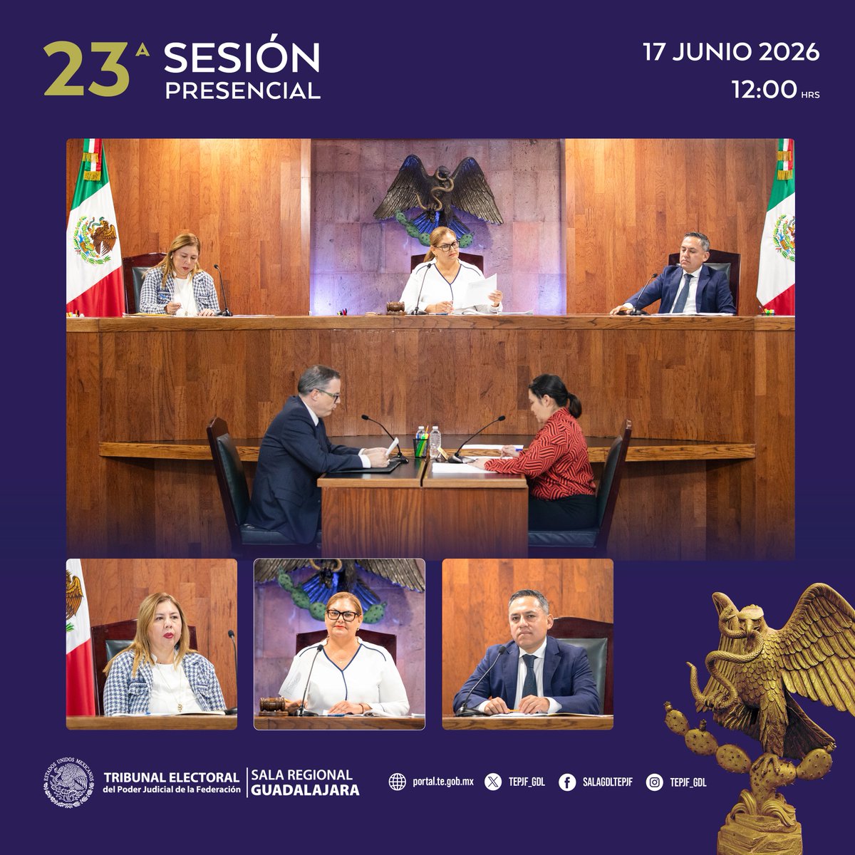 TEPJF_GDL's tweet photo. 📢 La Sala Regional Guadalajara del #TEPJF celebró su Sesión Pública No. 23, en la que resolvió 8 medios de impugnación sobre procedimientos sancionadores, medidas cautelares y violencia política de género. ⚖️

Conoce más: https://t.co/YtRZ2g0gc1

#SRG #JusticiaElectoral https://t.co/9Cv3sq61M8