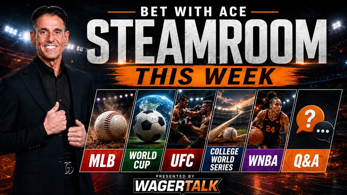 WagerTalk's tweet photo. 🔥 1 Year All Access clients are invited to join Ace this Saturday at 1 PM ET for the Steamroom 

Ace will break down MLB, World Cup, UFC, College World Series, WNBA and take questions during a live Q&amp;A.

Register here 👇
https://t.co/UOfnTLBJOi https://t.co/saCmEnfpIr