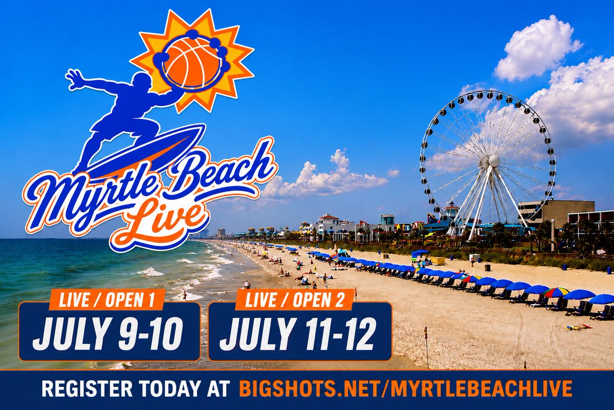 BigShotsGlobal's tweet photo. 🏝️🏀 BIG SHOTS MYRTLE BEACH LIVE / OPEN 1 & 2 🏀🏝️

Year 21 — The Tradition Continues.
Where legends have been made for over two decades at the beach.

🗓 Session 1: July 9-10, 2026
🗓 Session 2: July 11-12, 2026
📍 John T. Rhodes Myrtle Beach Sports Center
🏀 17U-15U Boys (NCAA LIVE)
🏀 17U-10U Boys (OPEN)
⭐️ Elite Teams x Talent
💯 Evals • Stats • Rankings
📝 College Coaches • Recruiting Services
🎥 National Media Coverage
📺 @BallerTV

🔥 21 Straight Years of Sellouts
🔥 300+ Teams Expected

▶️ https://t.co/I6Jz6FVWzw

#BIGSHOTS #MyrtleBeachLive