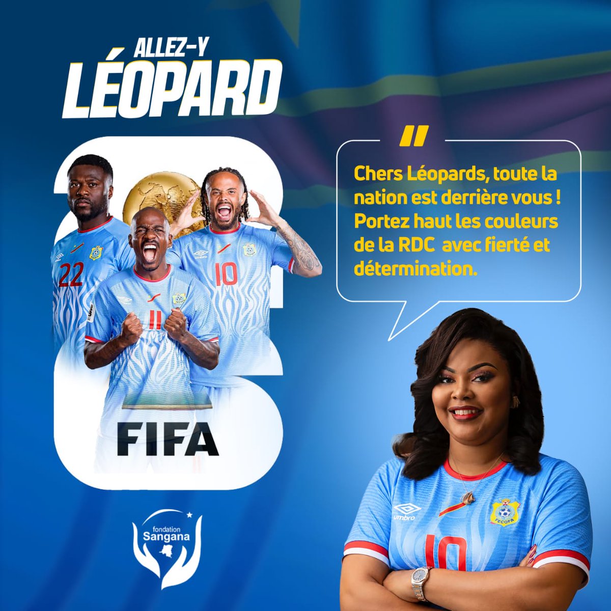 ZozakeBen's tweet photo. L'Honorable Clémence Sangana Bilonda félicite les Léopards de la RDC pour leur belle prestation face au Portugal à la Coupe du Monde 2026.
« Au-delà du sport, vous portez l'espoir, la fierté et l'unité de tout un peuple. Toute la nation est derrière vous. https://t.co/A3Wko5Xwtf