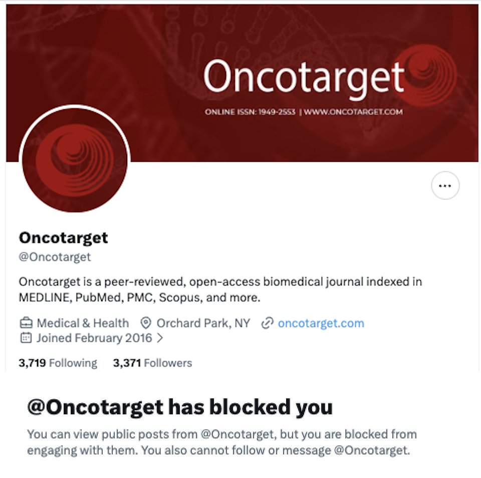 MicrobiomDigest's tweet photo. It is not a good sign of a journal's commitment to #ResearchIntegrity if it blocks a person who raised concerns in its articles.
@Oncotarget
@OncotargetJrnl
#ImageForensics #ScienceIntegrity https://t.co/d97N70mnnZ