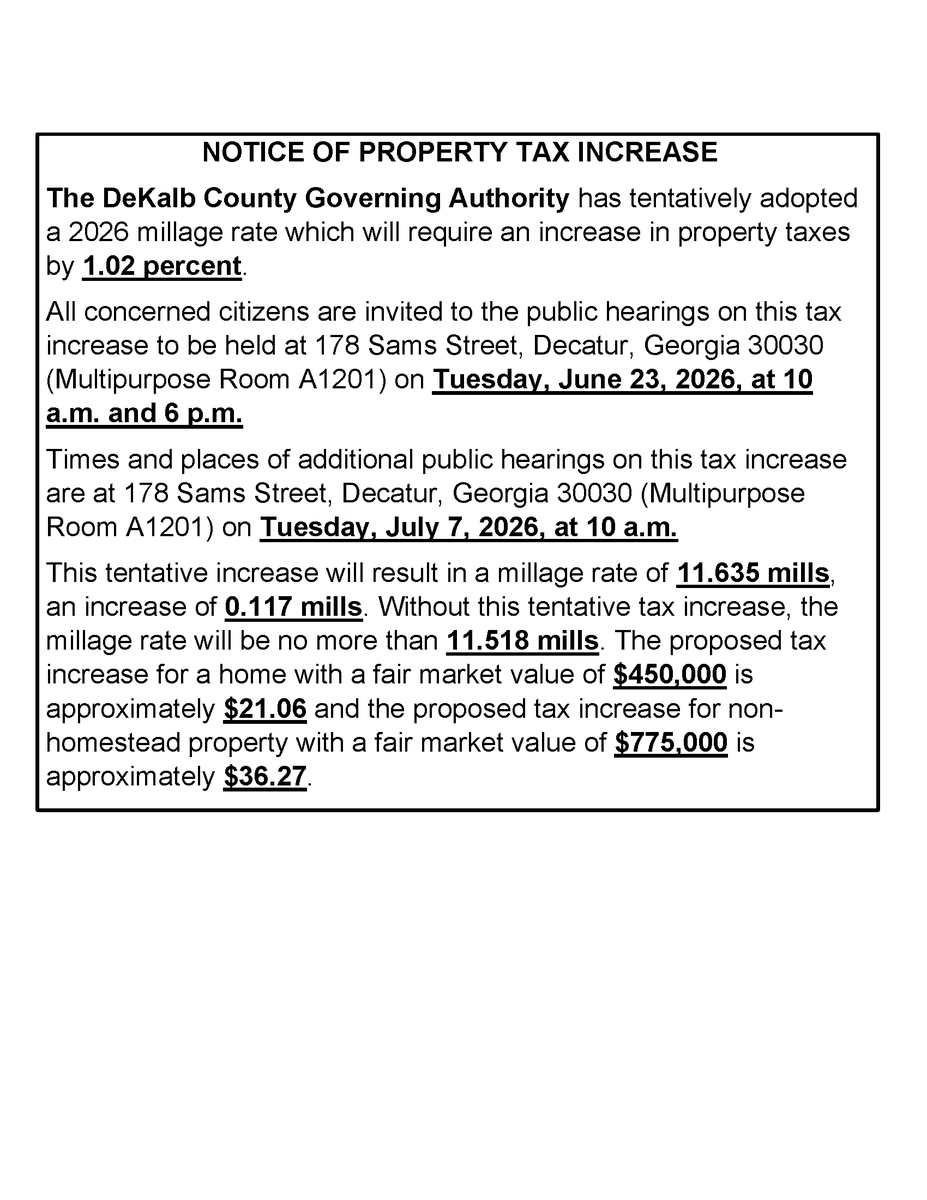 CommissionerCJJ's tweet photo. DeKalb County will hold public hearings on a proposed 2026 millage rate and invites residents to provide input before a final vote.

Public hearings are scheduled for:
• June 23 at 10 AM
• June 23 at 6 PM
• July 7 at 10 AM

Learn more at https://t.co/1BrpQLzCN5 https://t.co/vLvxg7Z9ES