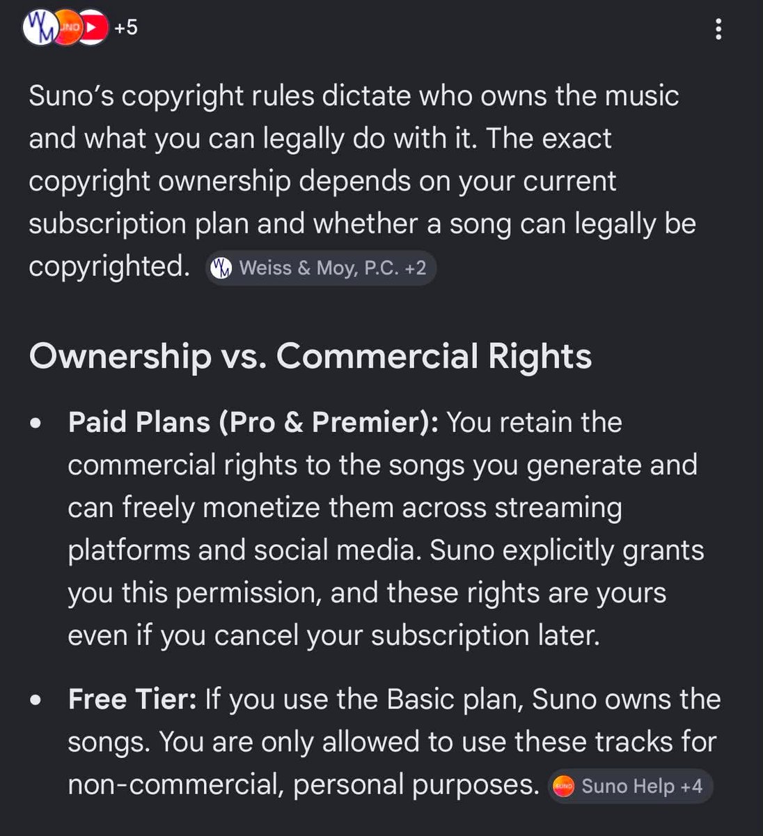 MusicManVA's tweet photo. It’s been an interesting discussion for sure. I’ve had this same conversation with a mutual friend of ours and reading over the copyright info for Suno as an example. These companies do create the tools that allow us the ability to do what we do and as a paid subscriber we can monetize for streaming. But if you as an artist wanted to use a song I wrote, and re-record, like many do in the business, that’s where the questions come in. I’m still curious about this area though. There definitely needs to be some clarity with this for sure.