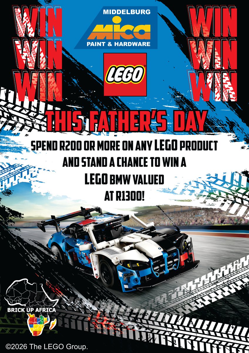 MIDMiCA's tweet photo. 🎁 THE ULTIMATE FATHER'S DAY GIVEAWAY 🎁

Ready to win big? Grab any LEGO set for R200 or more and stand a chance to win a LEGO BMW worth R1300! 🔥
Perfect for a Father's Day gift that keeps on giving 👌
✨ Iconic BMW Design
✨ Easy to Enter
✨ Available at Middelburg Mica https://t.co/uN3csrq7ch