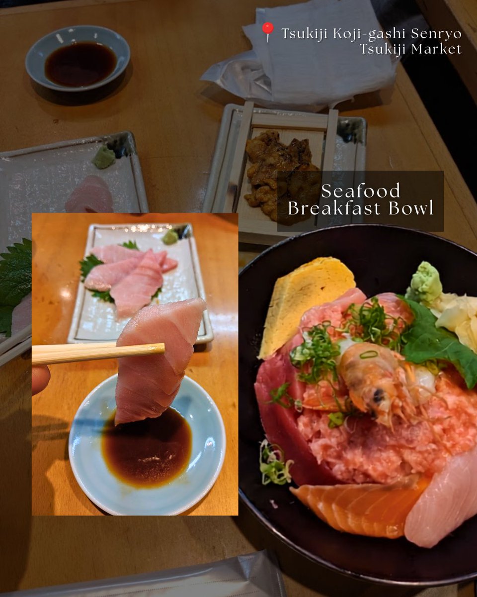 dangertz's tweet photo. Then Tokyo.

Tsukiji Koji-gashi Senryo, Tsukiji Market.

Seafood breakfast bowl. Salmon, tuna, negitoro, uni-  in a wooden box ! For breakfast! https://t.co/n0ym0Dey7Q