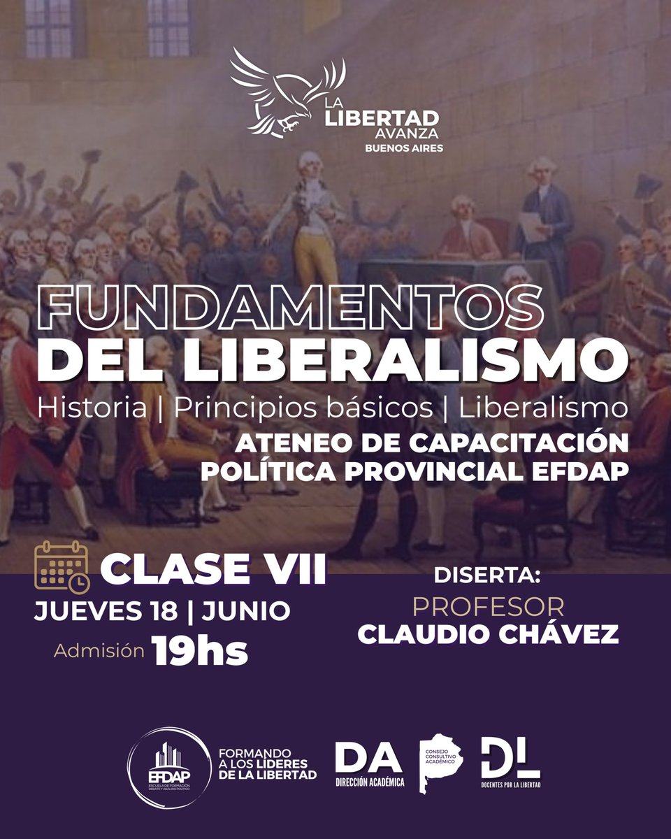 efdap_'s tweet photo. FUNDAMENTOS DEL LIBERALISMO con la disertación del Prof. JULIO CHÁVEZ.

Nos encontramos el día de mañana como cada jueves desde las 19hs por plataforma en conjunto con las distintas Aulas Virtuales en la extensión del territorio bonaerense para compartir la Clase VII. https://t.co/xpDIUIm0hU
