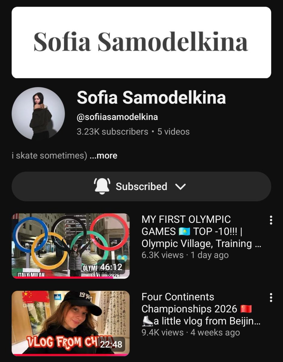SamoUpdates's tweet photo. We deeply encourage you to take a closer look at Sofia's Youtube Channel!✨️ She's been very dedicated to running it this past season, so far posting vlogs from..

- CS Cranberry Cup 2025🇺🇲🥈
- NHK Trophy 2025🇯🇵🥈
- CS Golden Spin🇭🇷🥉
- 4CC 2026🇨🇳
- OWG 2026🇮🇹 https://t.co/EIHBVTajNt