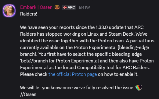 LancesEmporium's tweet photo. If you are playing on Linux and Steam Deck and you experience problems while playing ARC Raiders since update 1.33.0, you can try an partial fix until its completely solved. https://t.co/QfMmm17PUT