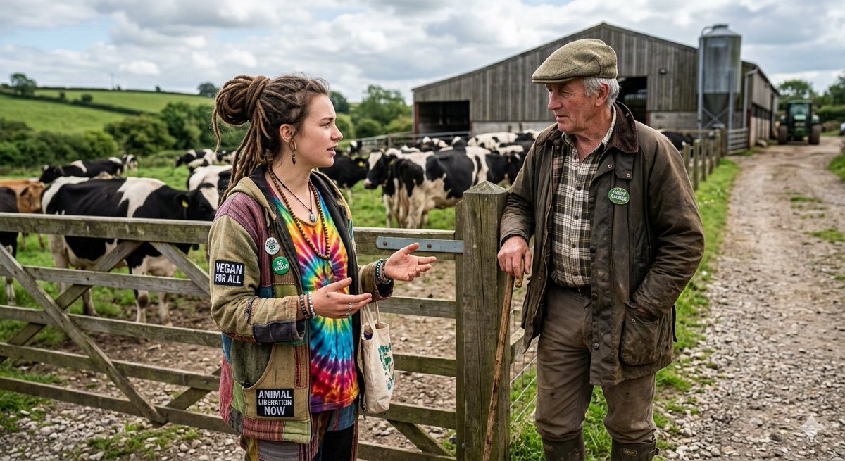 SamaHoole's tweet photo. Activist: "We're the only animals that drink another species' milk. It's disgusting."

Farmer: "Ever seen a cat with a saucer of cream?"

Activist: "That's because we give it to them."

Farmer: "And an orphan kitten gets raised on goat's milk, a lamb on cow's milk, and a dog will happily nurse a litter of piglets. Cross-species milk drinking happens all over the place. We're just the ones who built a fridge for it."

Activist: "But we do it as adults."

Farmer: "We do everything as adults. We're the only animals that drink wine as adults, drive cars as adults, and pay council tax as adults. None of it is an argument against the next thing."

Activist: "It's still unnatural."

Farmer: "So is the phone you typed that on, the trousers you're in, and the roof over your head. 'No other animal does it' tells you about other animals. It says nothing about us."

Activist: "..."

Farmer: "We're the only animal that does the whole supermarket. Singling out the milk aisle is a strange spot to suddenly go feral."