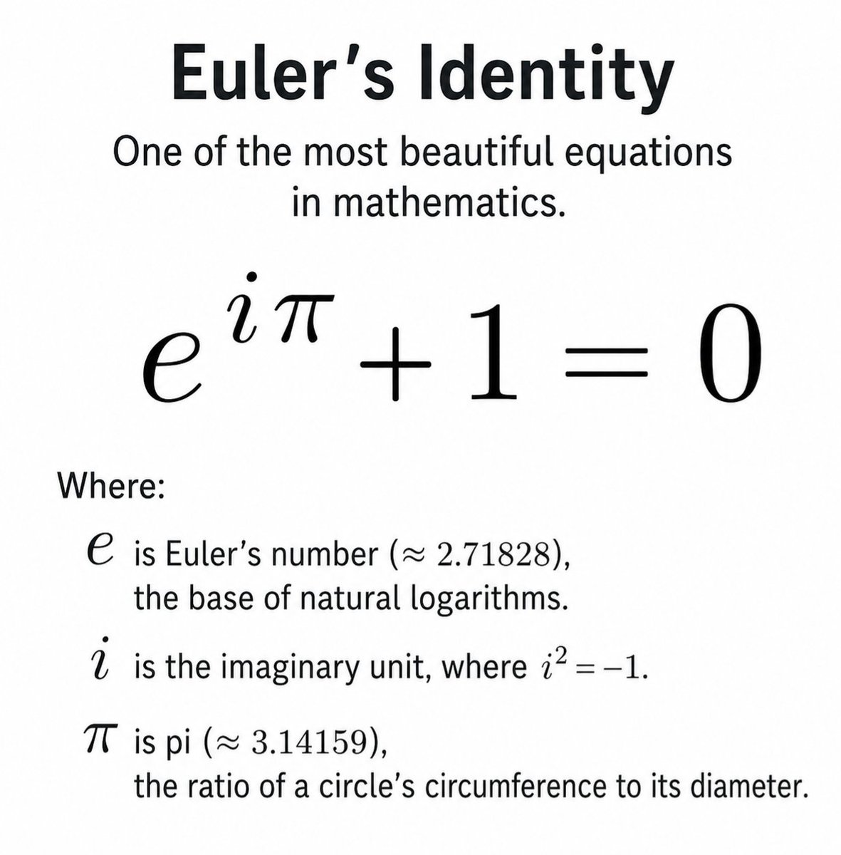 cosmosarcive's tweet photo. Euler's Identity is often called the most beautiful equation in mathematics:

eᶦᵖⁱ + 1 = 0

In a single line, it connects five of the most important numbers in mathematics:

• e → the base of natural logarithms
• i → the imaginary unit, where i² = −1
• π → the ratio of a circle's circumference to its diameter
• 1 → the multiplicative identity
• 0 → the additive identity

A remarkable result that links algebra, geometry, and complex numbers through one elegant equation.