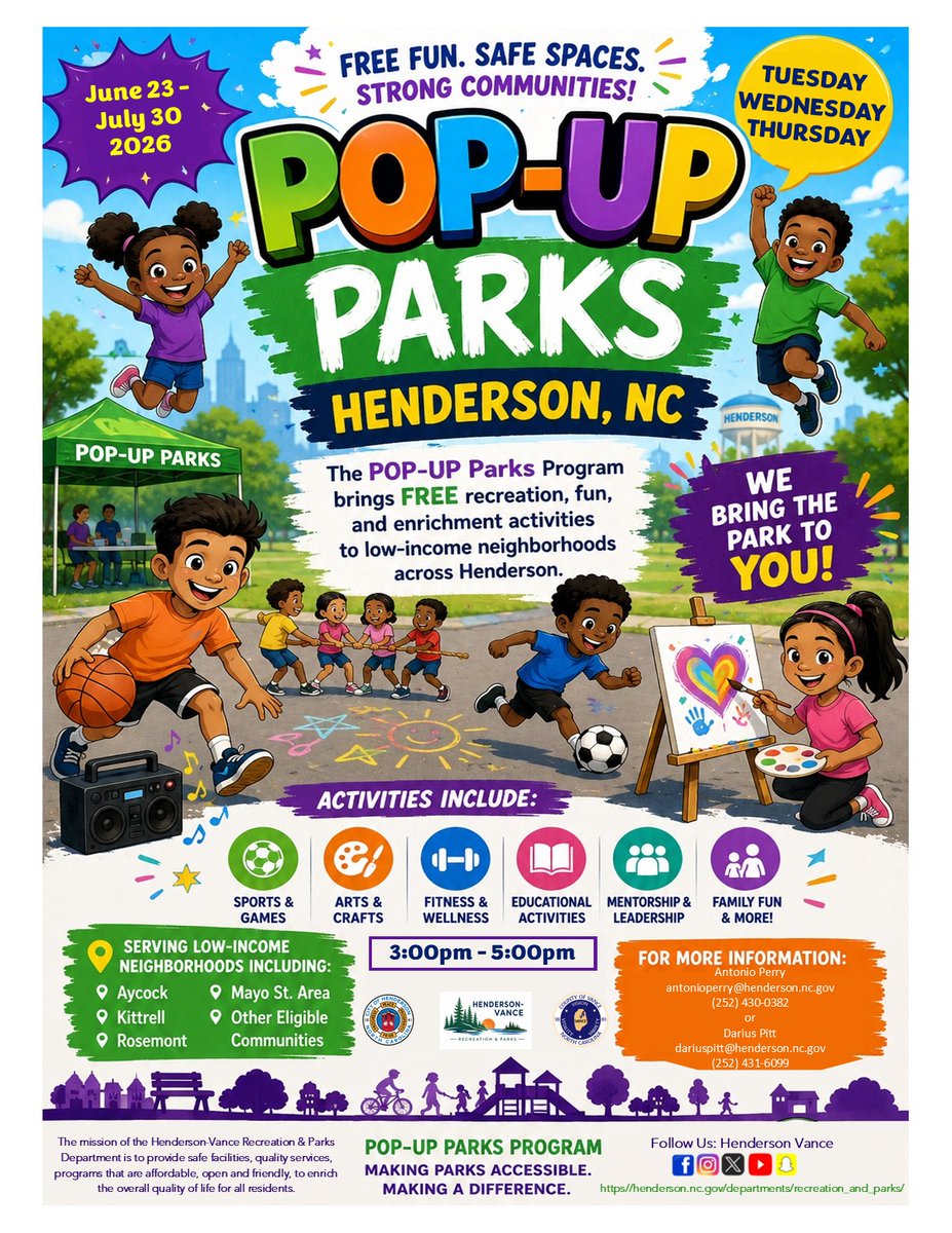 HendersonVance1's tweet photo. The City of Henderson Youth Services and Henderson-Vance Recreation &amp; Parks are proud to present Pop-Up Parks, a mobile recreation initiative that'll bring fun, fitness, learning, and community directly to apartment complexes and neighborhoods through Henderson!! 🛝🤸🏽 https://t.co/4LPw7N508L