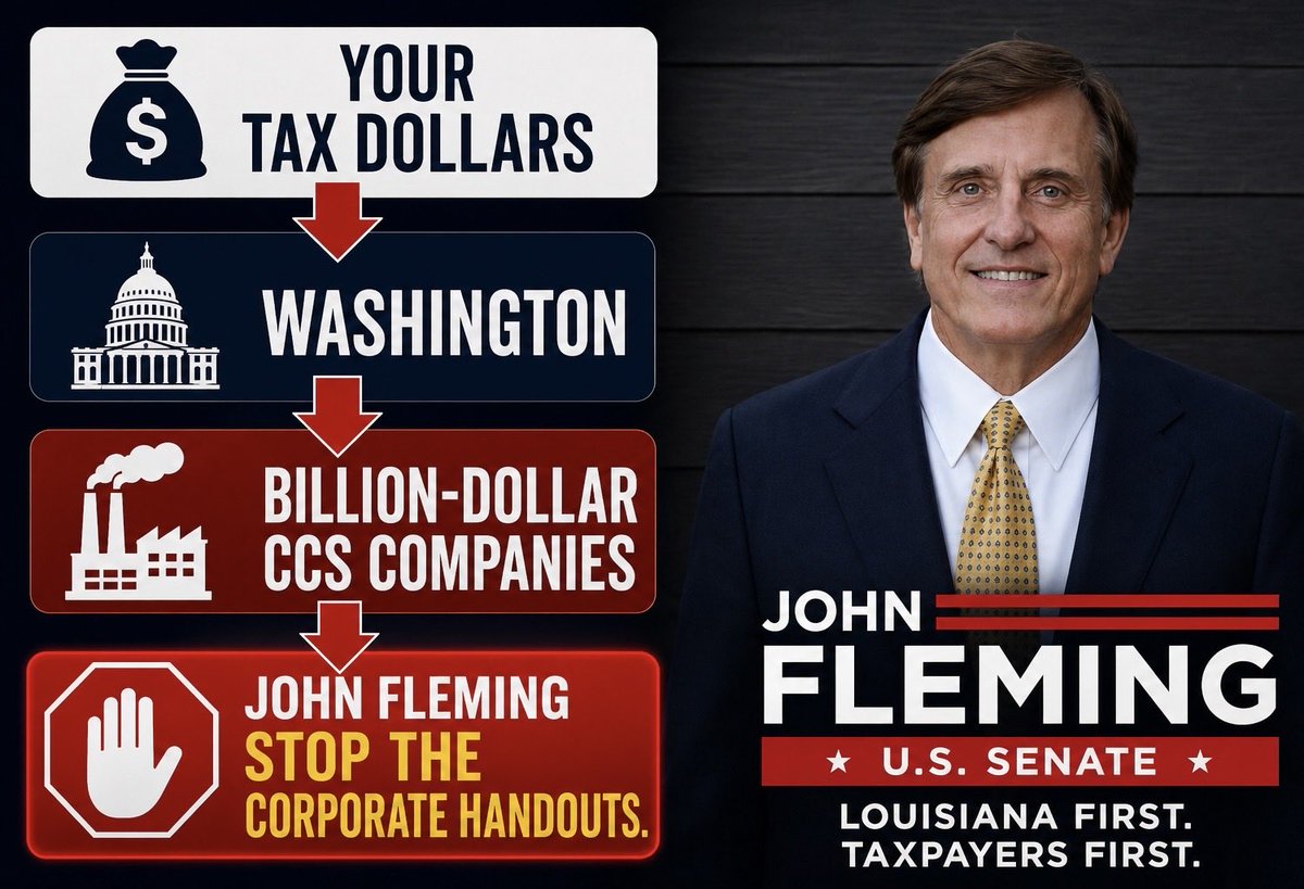 fleming4senate's tweet photo. Carbon capture isn’t just about the pipelines, the land grabs, or turning parts of Louisiana into a dumping ground for CO₂.

It’s about YOUR tax dollars.

Every taxpayer is helping fund billions of dollars in 45Q subsidies for the carbon capture industry.

If Washington has billions available to hand out to carbon capture companies, then we’re taxing hardworking Americans far too much.

My first bill in the U.S. Senate will repeal the 45Q tax credit.

I’ve spent my life serving Louisiana as a Navy veteran, physician, businessman, Congressman, and founder of the House Freedom Caucus.

Louisiana needs a Senator who will fight for taxpayers—not special interests.

Only 2 days remain to early vote — Thursday and Saturday.

No early voting Friday.

Election Day is June 27.

I’d be honored to earn your vote.

#LouisianaFirst #Repeal45Q