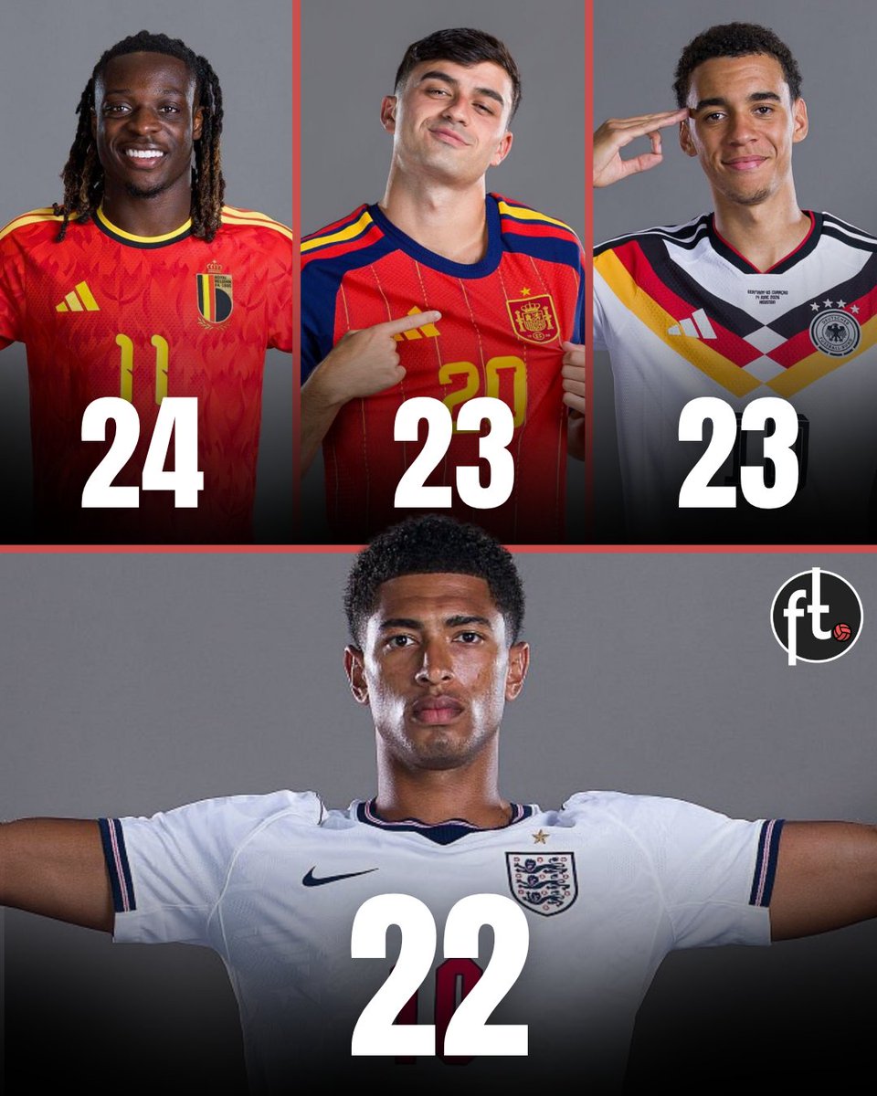 Footballtweet's tweet photo. 🚨 𝗥𝗘𝗖𝗢𝗥𝗗: Jude Bellingham has become the youngest European player to play in four different major tournaments.

🏴󠁧󠁢󠁥󠁮󠁧󠁿 Jude Bellingham — 22 yrs, 353 days
🇩🇪 Jamal Musiala — 23 yrs, 108 days
🇪🇸 Pedri — 23 yrs, 202 days
🇧🇪 Jérémy Doku — 24 yrs, 19 days
🏴󠁧󠁢󠁥󠁮󠁧󠁿 Michael Owen — 24 yrs, 182 days