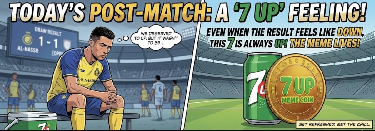 7UP_coin's tweet photo. A tough 1-1 draw today left CR7 looking down, but football is a game of rounds. 🫣💔
When the match results don't lift you up, $7UP Meme Coin is always here to keep the momentum high! 🥤🚀

#CR7 #AlNassr #7UPMemeCoin #MemeCoin https://t.co/zCuoeXrmY8