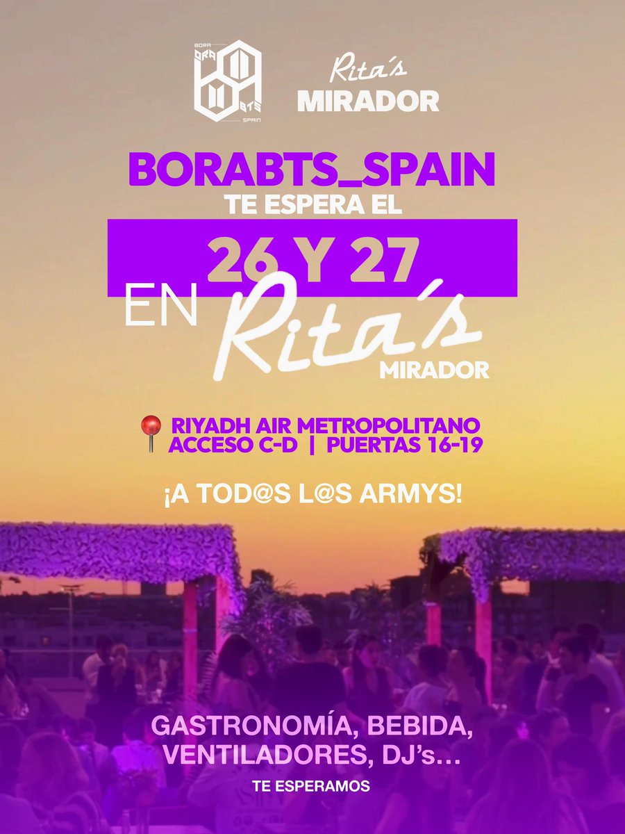 borabts_spain's tweet photo. 🇪🇸ARMY! Os esperamos el 26 y 27 de junio en Rita's Mirador al lado del Metropolitano 

Allí podréis hacer la previa al concierto y también intercambiar freebies! Estaremos repartiendo los nuestros 

Horario: 16:00h-00:30h

⚠️ Acceso gratuito con reserva! https://t.co/GLyNRguaB1 https://t.co/7QnJkGKYGh