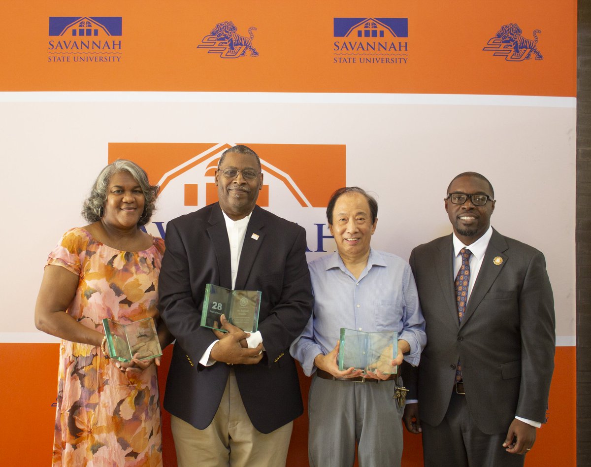 savannahstate's tweet photo. This year, SSU celebrates the retirements of Carol Bostic (33 years - pictured), Regina Brockington (30 years), Reginald Franklin (28 years - pictured), Zhiyan Song (26 years - pictured), Spyros Andreou (23 years), Richard Meier (17 years), and Priscilla Jackson (11 years)! https://t.co/kqzUlwxYhl
