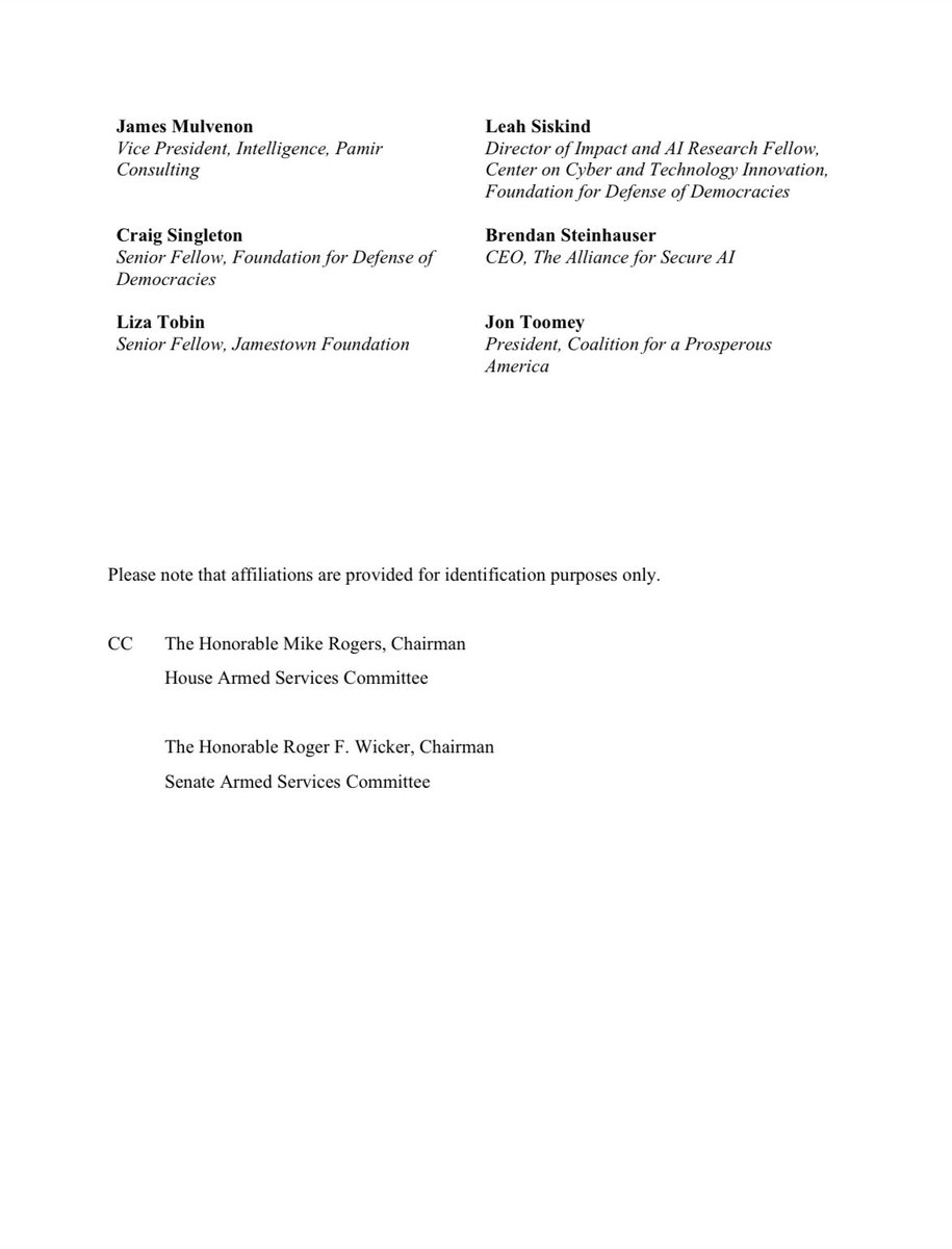 michaelsobolik's tweet photo. Honored to co-lead this letter to congressional leadership with @APaolozziMoore of @FDDAction.

We asked @SpeakerJohnson, @RepJeffries, @LeaderJohnThune, and @SenSchumer to include key export control policies in the NDAA that would protect America’s AI lead over the Chinese Communist Party.

The United States and its allies, not the CCP, should shape the future of AI.

Thanks to all who signed, including @DavidFeith, @DAlexBlumenthal, Josh Hodges, @hamandcheese, @ChrisRMcGuire, @dkaushik96, @MarkCMontgomery, @CraigMSingleton, James Mulvenon, @Liza_D_Tobin, @j_toomey1, and more!