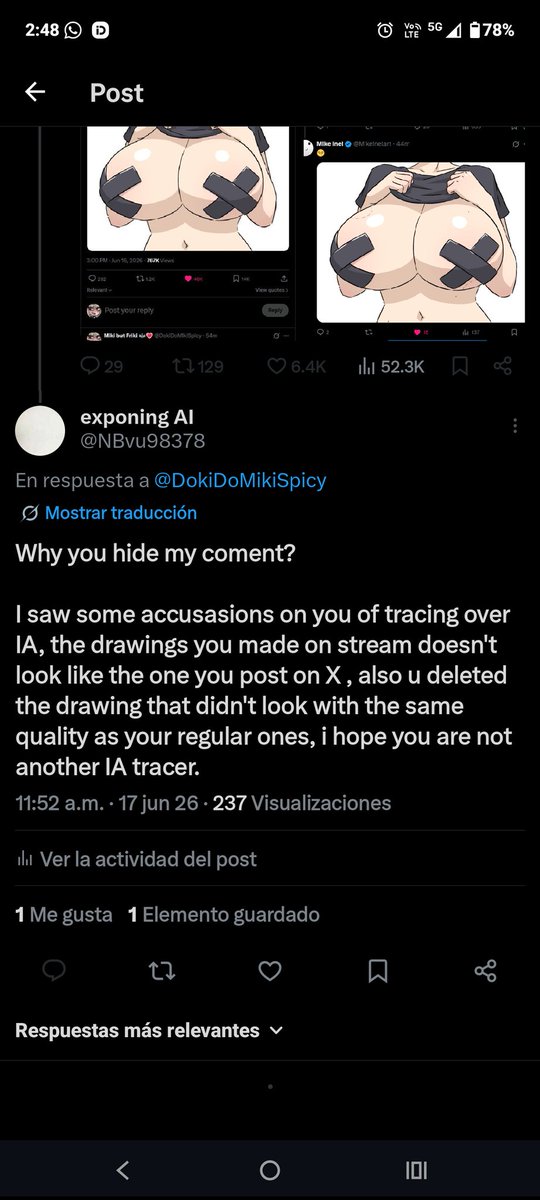 NBvu98378's tweet photo. BEWARE AI USE OF DOKIDOMIKISPICY

 They blocked me when i accused them, i expected a speedpaint, they confirmed that blocking me.

@IsThisRealArt_ i will apreciate if you could help sharing, Is not Fair that a person who traces over AI have 8k members on patreon, lying them https://t.co/nlzEmOsohR