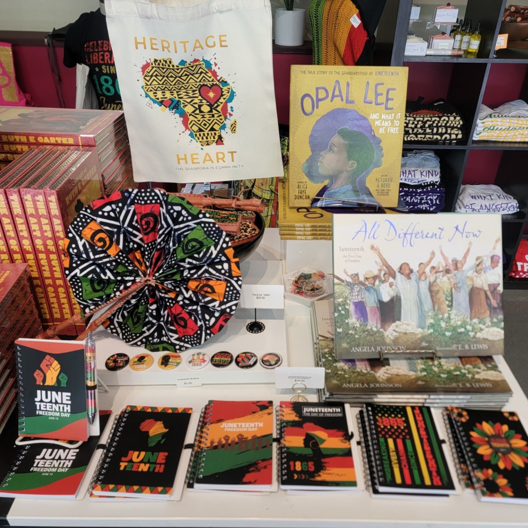 aampmuseum's tweet photo. Shop Juneteenth items in AAMP's gift shop! Check out special merchandise to commemorate Juneteenth. Plus explore 50th anniversary items, handmade gifts, books and more. The gift shop will be open on Thursday during the Block Party from 10 a.m. to 5 p.m. https://t.co/nLyNvgde1C