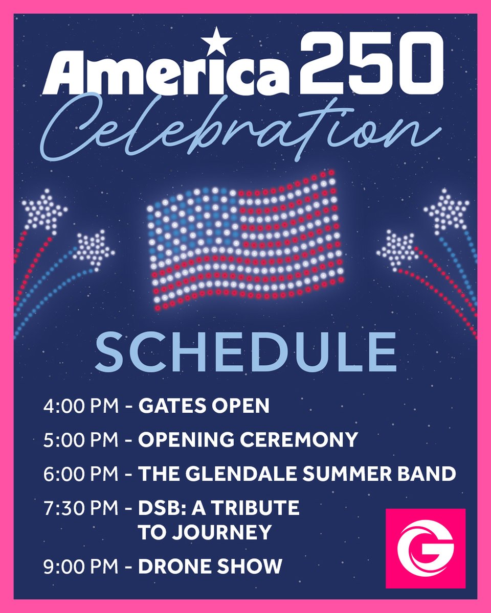 GlendaleAZ's tweet photo. Mark your calendars for the celebration of 250 years of America and the grand reopening of Murphy Park! 🎆

Join us at Murphy Park and the newly renovated amphitheater for live music from DSB: A Tribute to Journey playing all their hits, plus The Glendale Summer Band and a patriotic drone show to close the night.

Stick around for local food trucks, an ice cream social, a Foam Zone for the kids, and the America the Beautiful art exhibition.

📅 Saturday, June 20 
📍 Murphy Park, Downtown Glendale 
🎟️ Gates at 4 PM, free admission
For more information, visit: https://t.co/rUMWfxw6vy