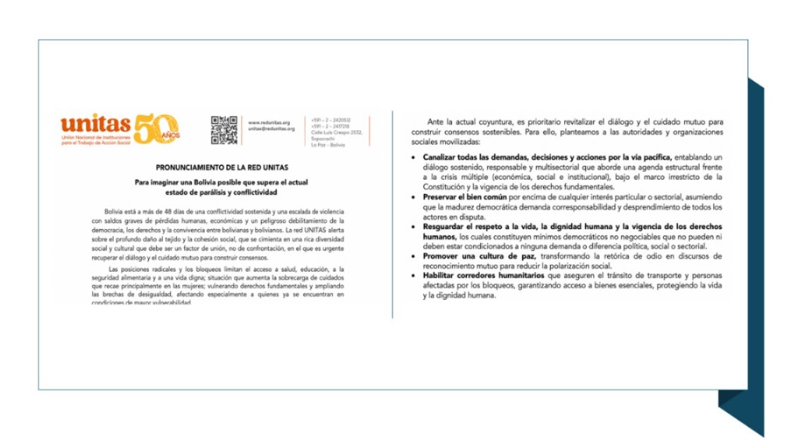 SumandoVocesBo's tweet photo. UNITAS convoca a un «diálogo genuino» y plantea cinco prioridades para proteger la democracia y la vida. 🇧🇴 

https://t.co/83z1DtoS3Q

#Bolivia #crisis #bloqueos #diálogo #DDHH #democracia #paz https://t.co/Zh37ajvCFL