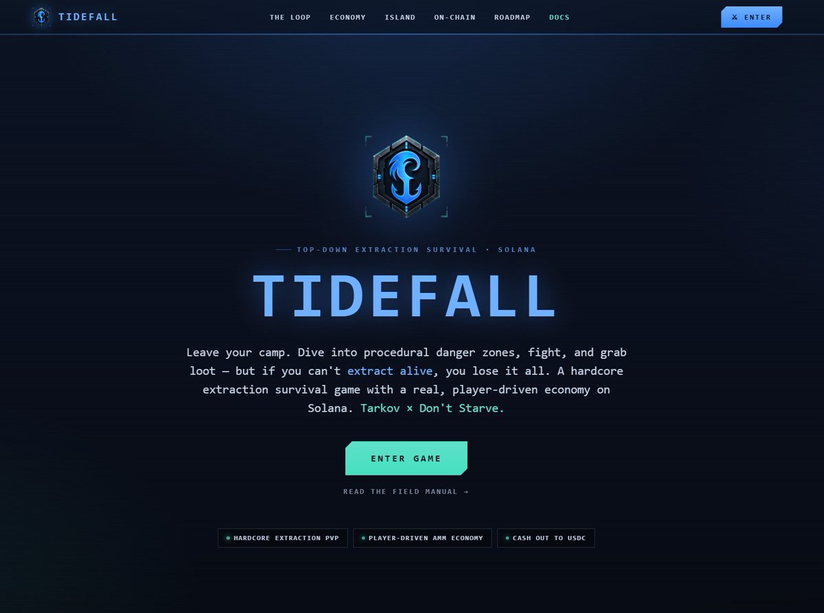 0xMasterStudios's tweet photo. TIDEFALL

The second game from Master Studios
When the tide pulls back, the drowned caves open up. They're full of loot. But the tide always returns and when it does, whatever's still inside goes down with it. You've got 15 minutes.

We're proud to announce Tidefall, Master Studios' second title built by a dedicated dev team led by @0xUnforgiven, with its economy and game-earning balance shaped under the advisory of @ArianCrypt0.

A hardcore extraction PvP. A fully on-chain, player-driven economy. And the freedom to cash out your earnings straight to your wallet in USDC.

The Loop
Connect → Drop → Survive → Extract → Profit.

You drop into the cave and the countdown starts. You fight to stay alive against enemies and up to 6-player PvP drop a rival and you can loot their pack. Reach the extraction point alive and everything you're carrying is yours. Don't, and it all stays under the water.

The Operator
Build a hero that scales through STR (damage), VIT (health), and AGI (speed). But here's the catch: XP is only earned if you extract alive. Die, and every bit of progress from that run is gone.

The Living Island
Between raids, you build your own base. Structures that keep producing while you're offline, crafting stations, and buildings that buff your next run the island stays alive even when you're not.

The Economy real value, on-chain

- GOLD the in-game currency. Trade it on commodity AMM markets in the marketplace.
- $TIDE the game's token. Earned through the GOLD↔$TIDE exchange (constant-product AMM with limit-order support), and withdrawable to your wallet as a real SPL token.
- USDC the cash rail. Deposit and withdraw.

Hardcore extraction PvP + a player-driven economy + cash-out to USDC.

You keep what you earn if you make it out alive.